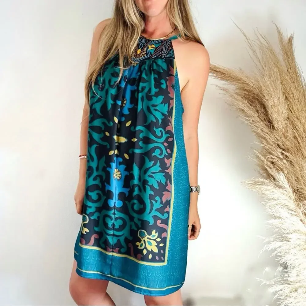 NEW ANTHROPOLOGIE Teal Black Floral Beaded Halter Mini $198 Tank Top Dress XL - Picture 6 of 13
